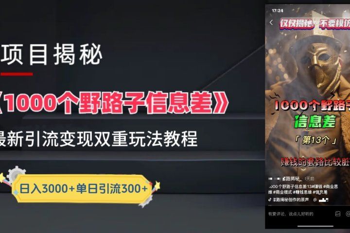 抖音最新一千个野路子玩法教程，变现+引流双重玩法，野路子信息差去创吧-网创项目资源站-副业项目-创业项目-搞钱项目黑蛋搞钱