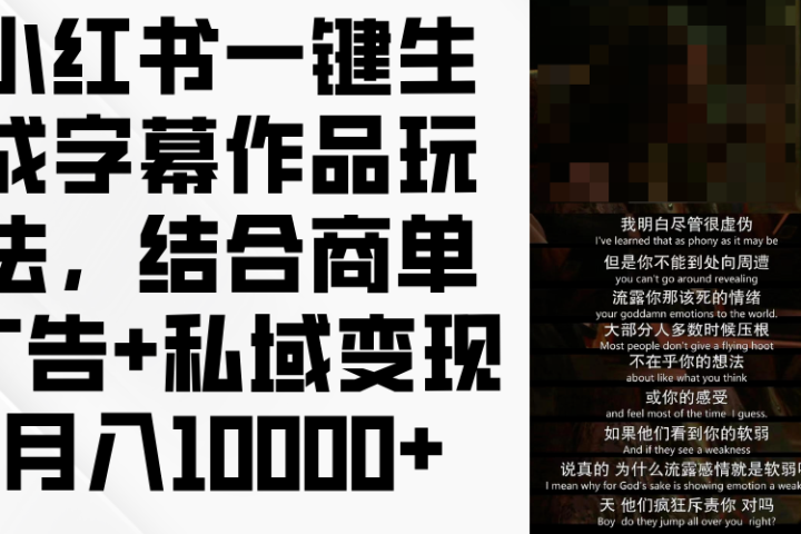 小红书一键生成字幕作品玩法，结合商单广告+私域变现月入10000+去创吧-网创项目资源站-副业项目-创业项目-搞钱项目黑蛋搞钱