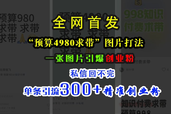 小红书“预算4980带我飞”图片打法，一张图片引爆创业粉，私信回不完，单条引流300+精准创业粉去创吧-网创项目资源站-副业项目-创业项目-搞钱项目黑蛋搞钱