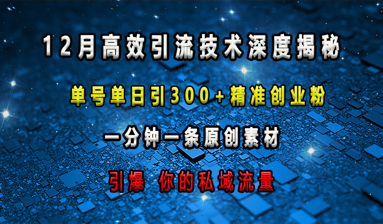 12月高效引流技术深度揭秘 ，单号单日引300+精准创业粉，一分钟一条原创素材，引爆你的私域流量去创吧-网创项目资源站-副业项目-创业项目-搞钱项目黑蛋搞钱