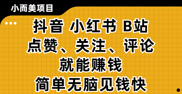 小而美的项目，抖音、小红书、B站视频点赞、关注、评论就能赚钱，简单无脑立见收益！妥妥的零撸项目去创吧-网创项目资源站-副业项目-创业项目-搞钱项目黑蛋搞钱