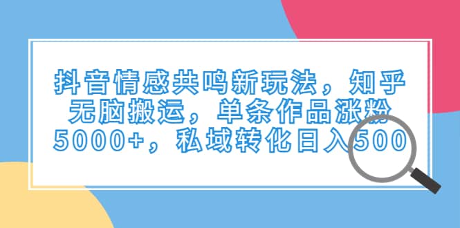 抖音情感共鸣新玩法，知乎无脑搬运，单条作品涨粉5000+，私域转化日入500去创吧-网创项目资源站-副业项目-创业项目-搞钱项目黑蛋搞钱