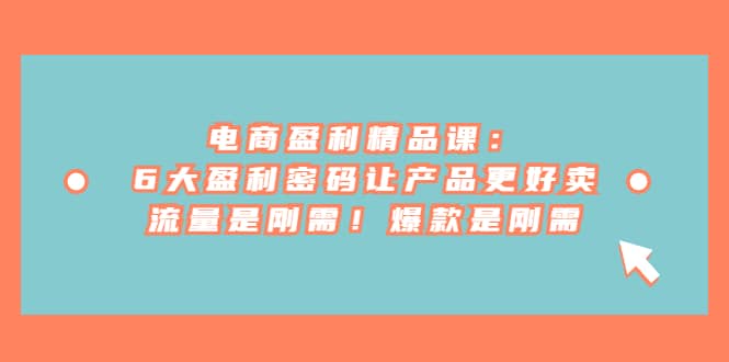 电商 盈利精品课：6大盈利 密码让产品更好卖，流量是刚需！爆款是刚需去创吧-网创项目资源站-副业项目-创业项目-搞钱项目黑蛋搞钱