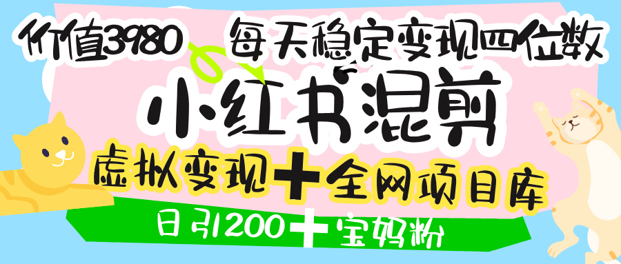 价值3980的小红书混剪， 虚拟变现 ＋全网项目库 ， 日引200+宝妈创业粉，每天稳定四位数变现去创吧-网创项目资源站-副业项目-创业项目-搞钱项目黑蛋搞钱