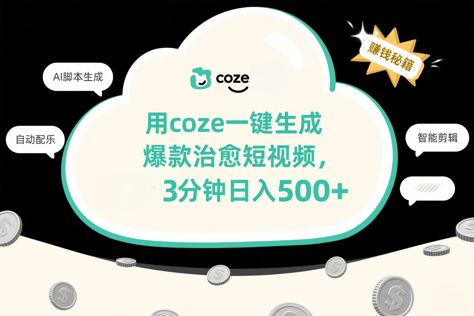 用coze一键生成爆款治愈短视频，3分钟日入500+去创吧-网创项目资源站-副业项目-创业项目-搞钱项目黑蛋搞钱