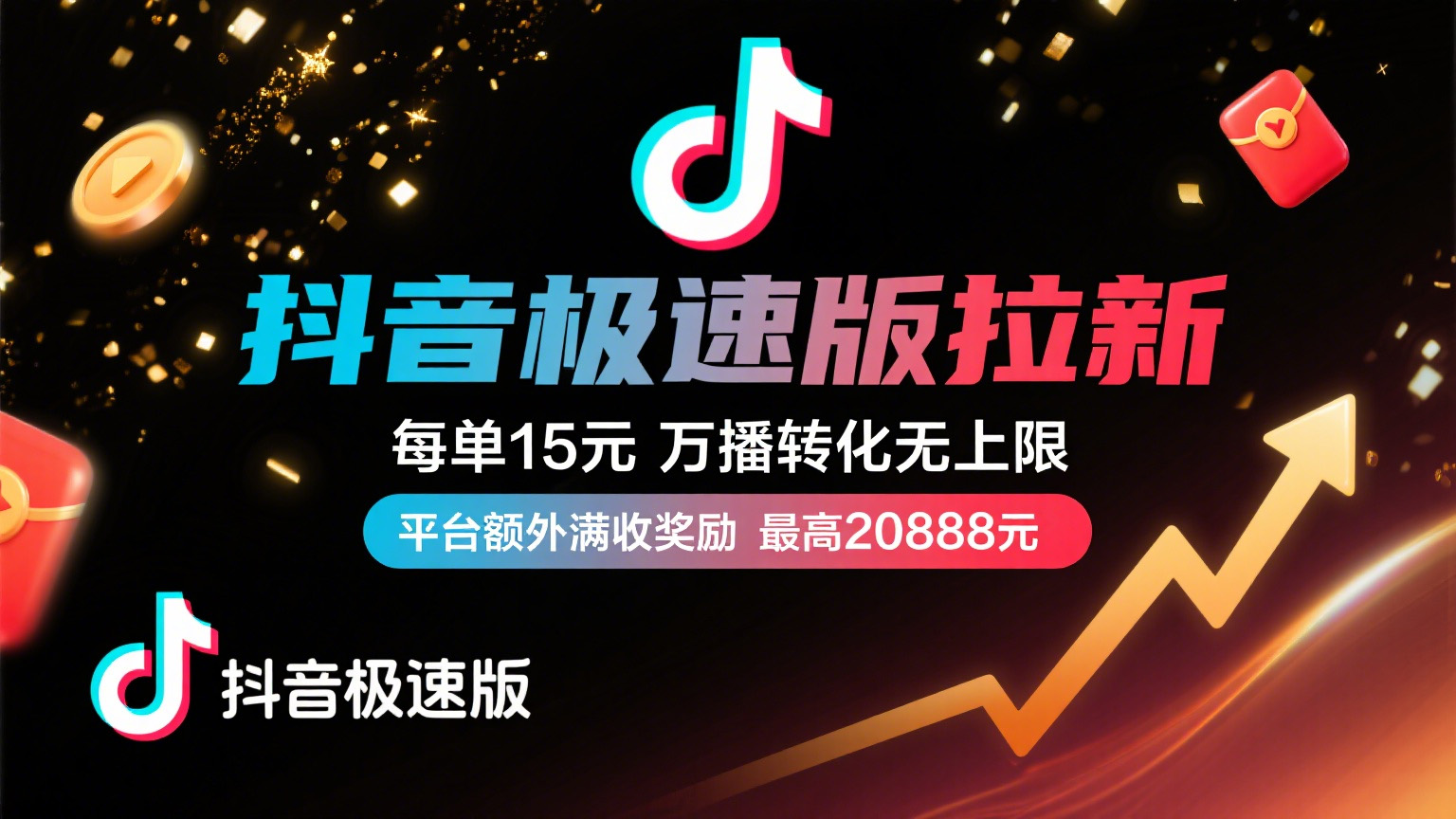 抖音极速版放福利，每单15元，万播转化无上限，平台额外满收奖励，最高可领20888元去创吧-网创项目资源站-副业项目-创业项目-搞钱项目黑蛋搞钱