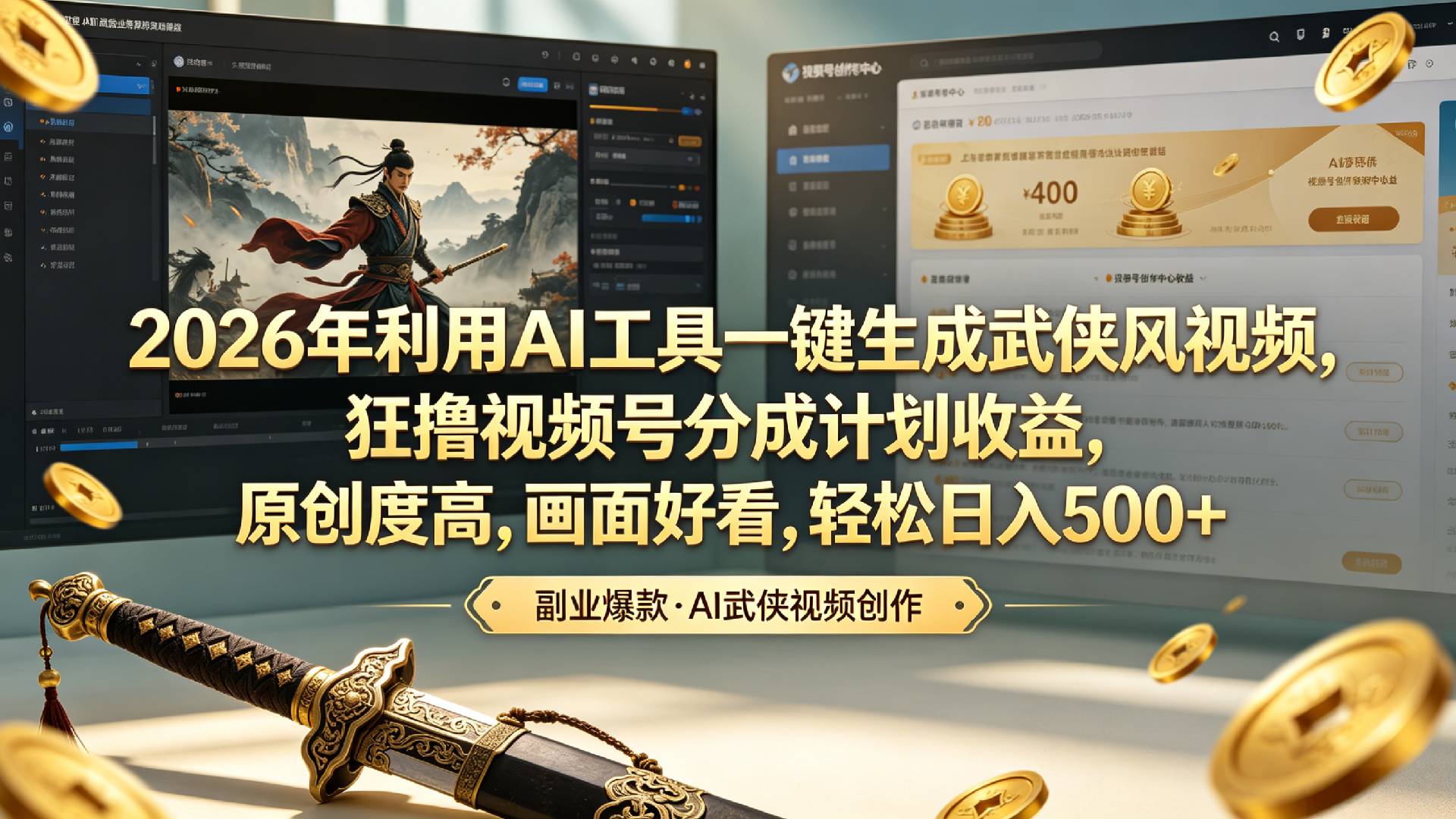 2026年利用AI工具一键生成武侠风视频，狂撸视频号分成计划收益，原创度高，画面好看，轻松日入500+去创吧-网创项目资源站-副业项目-创业项目-搞钱项目黑蛋搞钱
